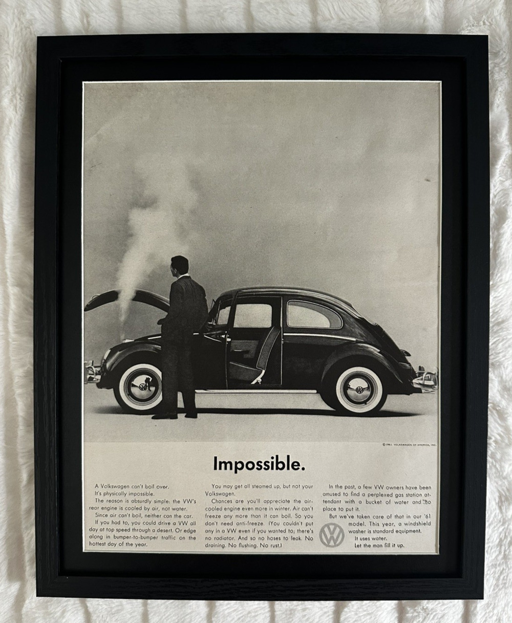 Framed VTG 1961 Print Ad VW Volkswagen IMPOSSIBLE Man Car Repair